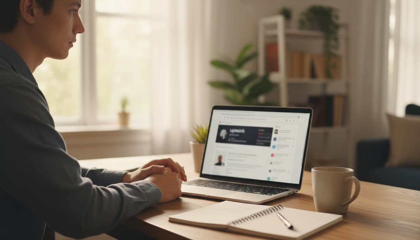 A focused individual sits at a cozy home desk with a laptop open to blurred Upwork job postings and Reddit threads, notebook, pen, and coffee mug nearby, planning business ideas in warm natural daylight.