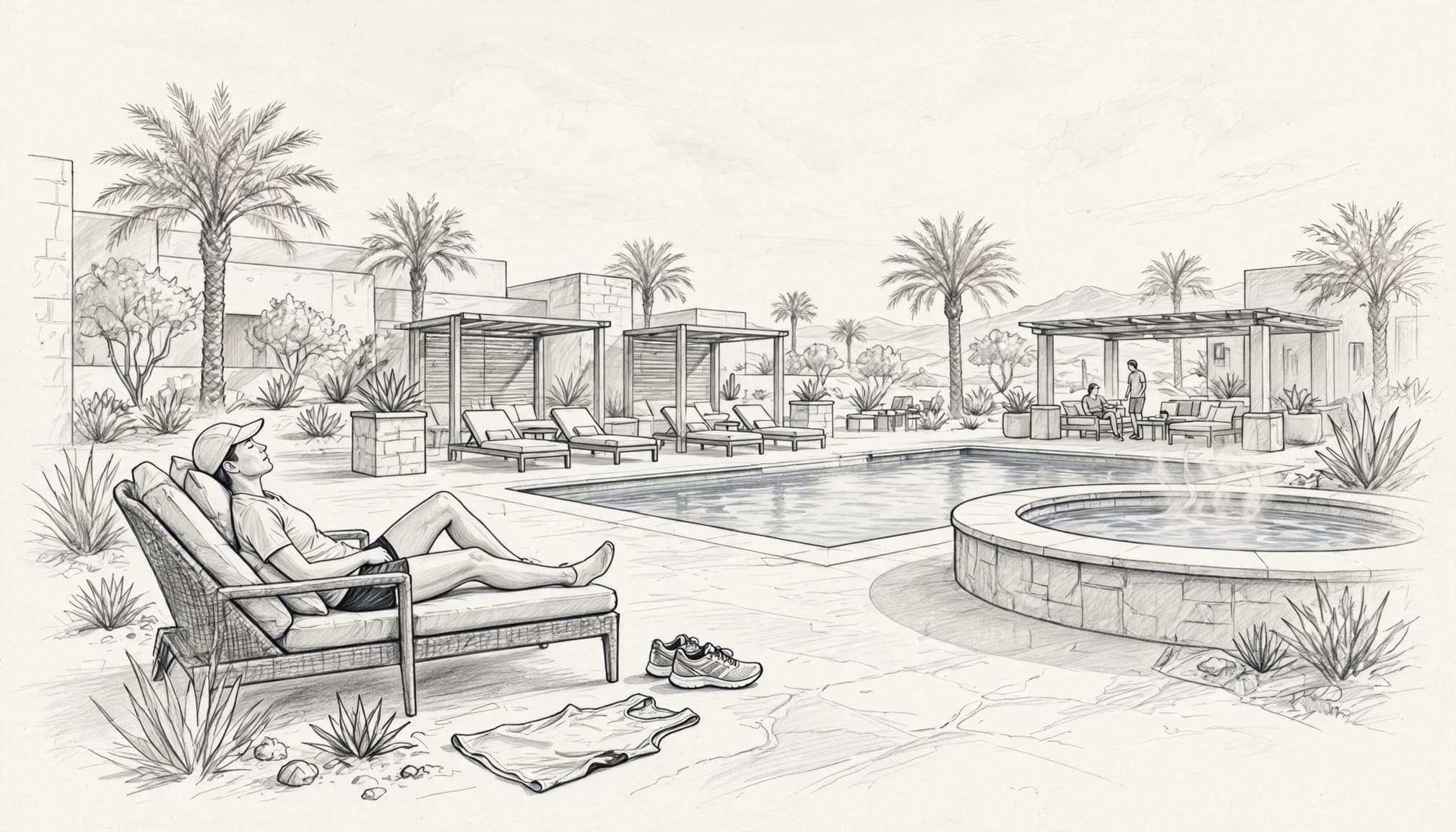 A resting runner lounges near a pool, hot tub, shoes, and two distant people.