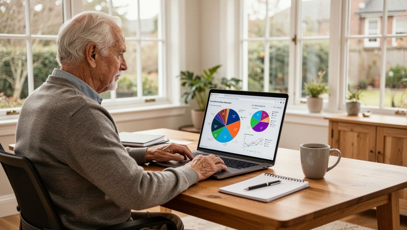 A retiree in their 60s sits relaxed at a wooden desk in a bright home office, viewing abstract colorful pie charts of a diversified portfolio on a laptop, with notepad, pen, and coffee mug nearby.
