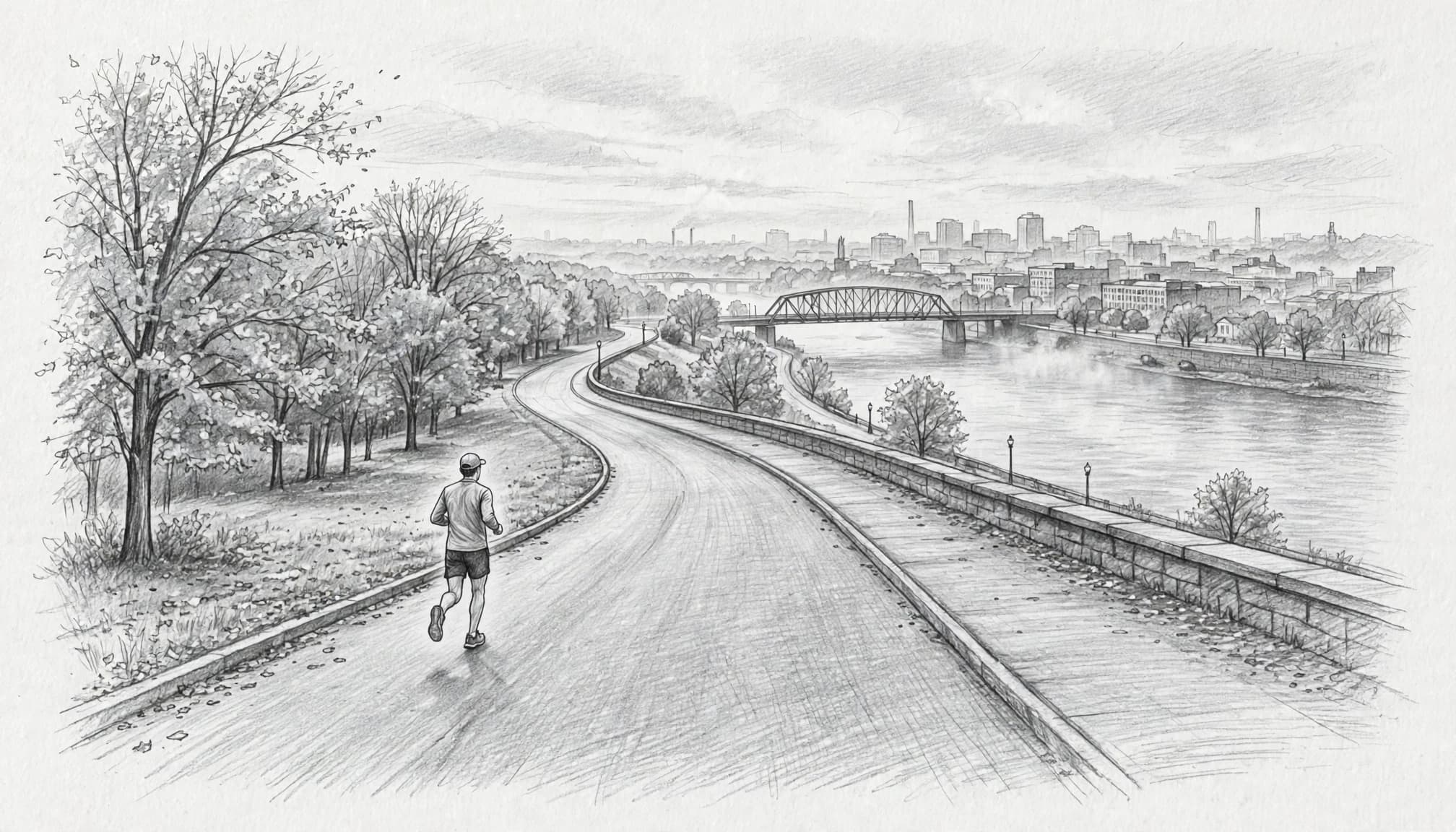 A lone runner follows a rolling city road toward a distant bridge.