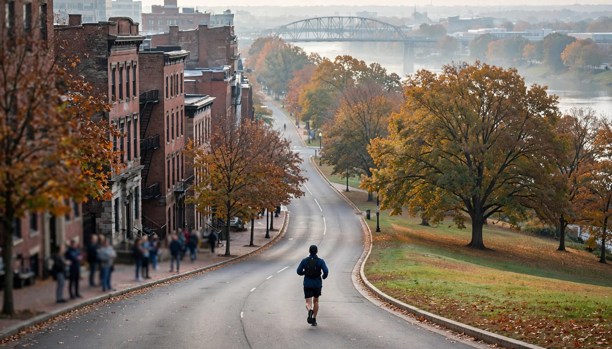 A lone runner follows a city road toward a distant bridge.