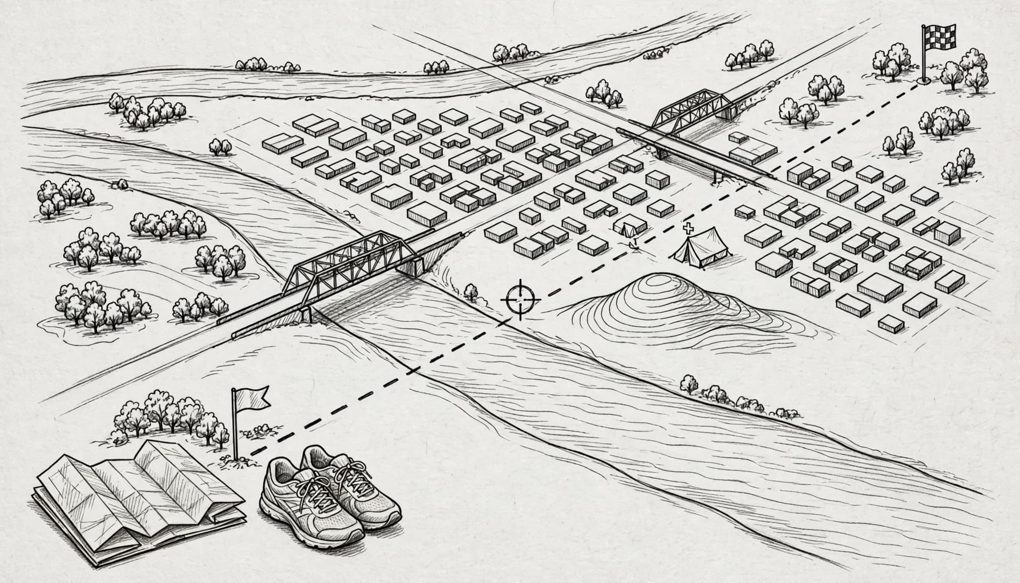Running shoes and a folded map beside a sketched marathon route.