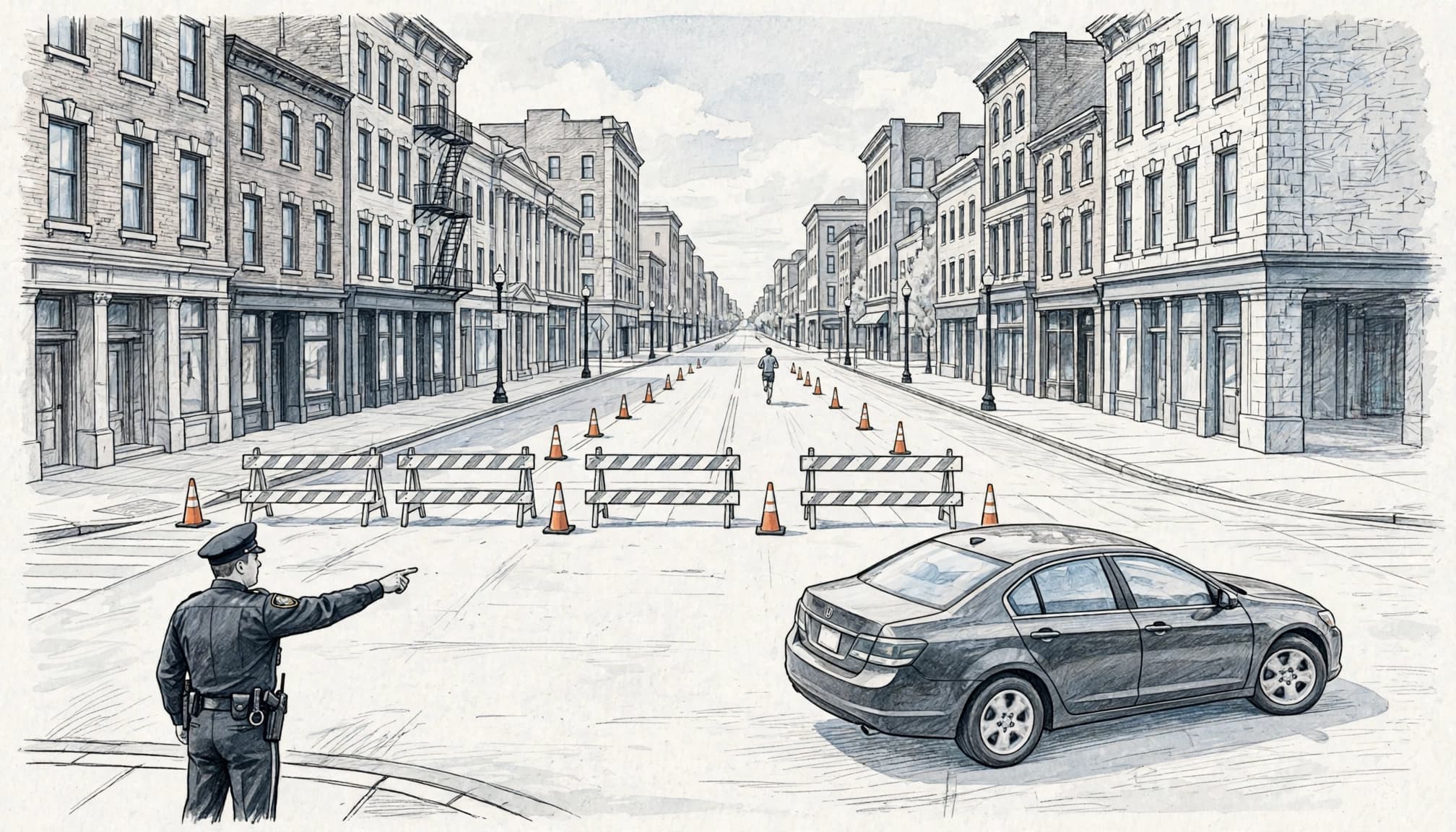 A police officer directs a car away from a marathon route near downtown buildings.