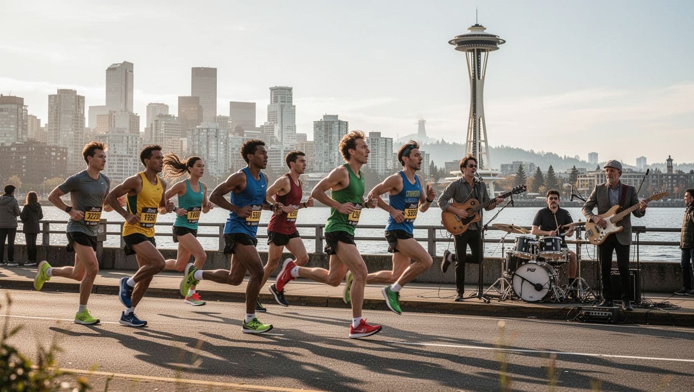 Group of 6-8 runners in motion on the urban course passing Space Needle and Puget Sound waterfront, cheered by a roadside live music band during sunny morning light.