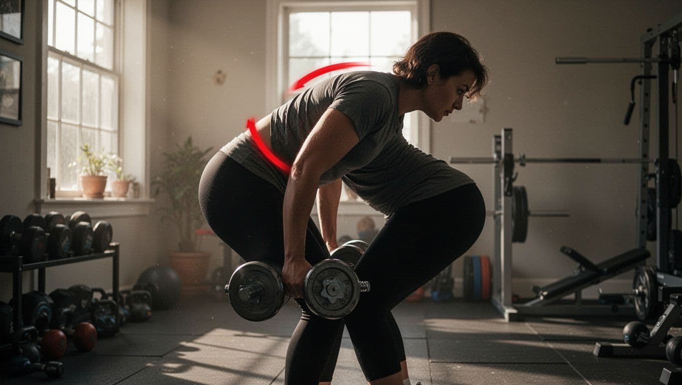 Side view of a single person in a home gym demonstrating a common deadlift error with a rounded back using light weights, emphasizing poor technique safely without injury.