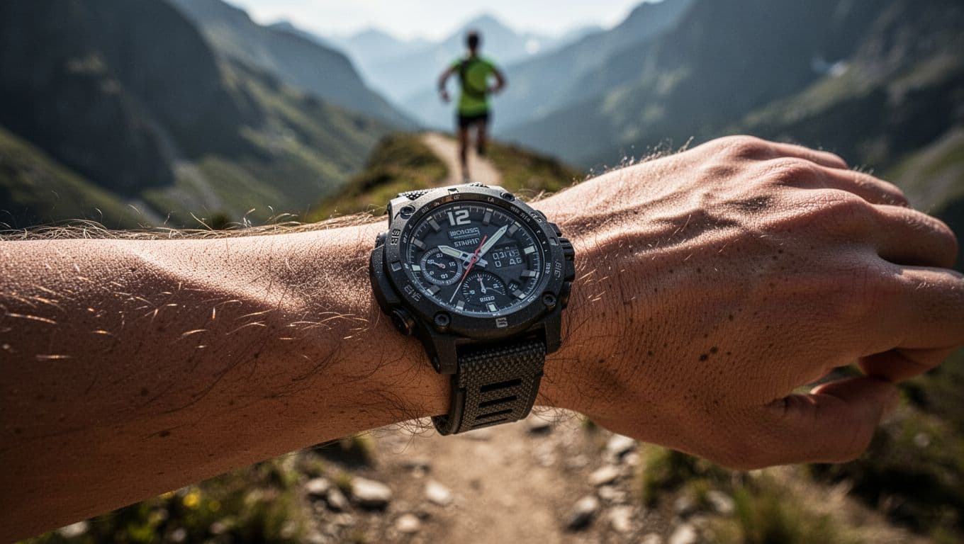 A detailed close-up shot captures a durable sports watch on a runner's wrist. Sharp side lighting accentuates the textured bezel and band, while the mountain trail remains softly blurred in the background.