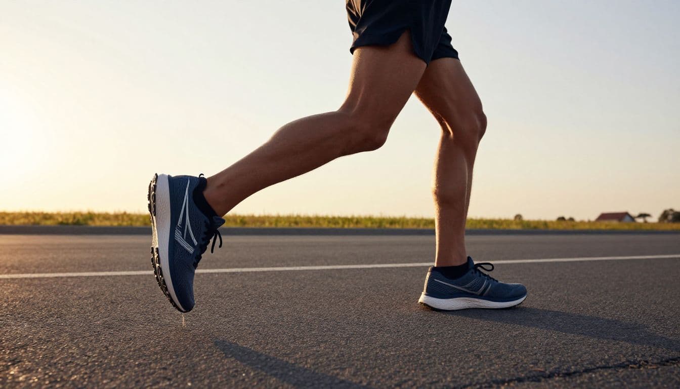 A side view captures a runner mid-stride on flat asphalt during a sunset. The focus highlights the precise contact point where the sole meets the road surface to show responsiveness.