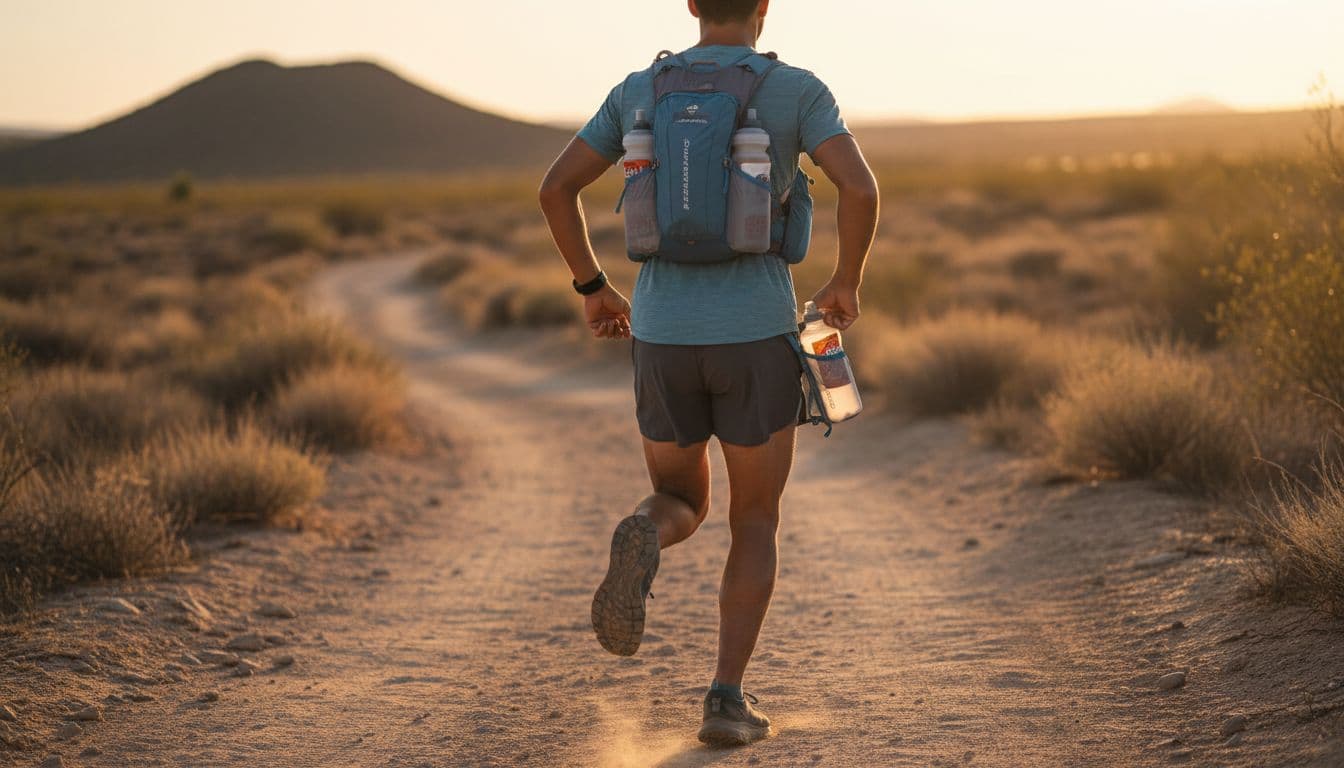 Runner in backpack-style hydration vest with bottles adjusts one mid-stride on dirt trail at golden hour.