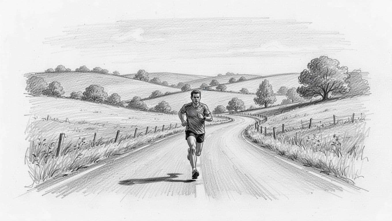 A runner adjusts pace on a winding country road.