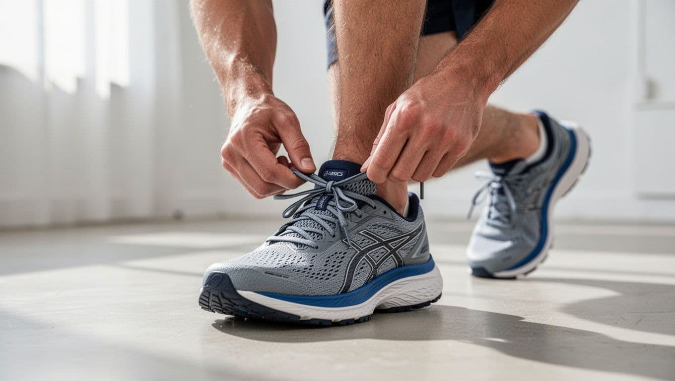 A close-up shot captures hands tightening thin athletic laces on a high-performance running sneaker. The background is softly blurred to keep visual attention on the precision of the secure fit.
