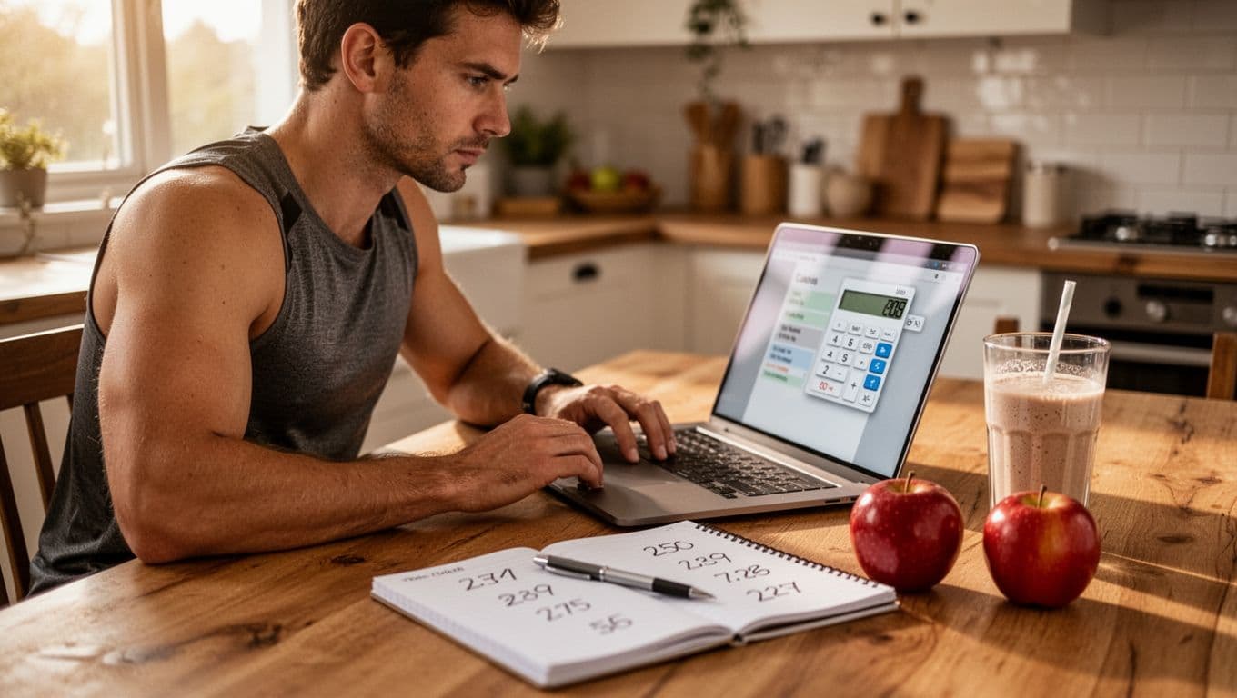 A focused male runner in athletic wear sits at a wooden kitchen table, calculating calories on a laptop with a visible calculator screen, notebook with handwritten notes, protein shake, and apple nearby, in realistic photography style with warm morning light.