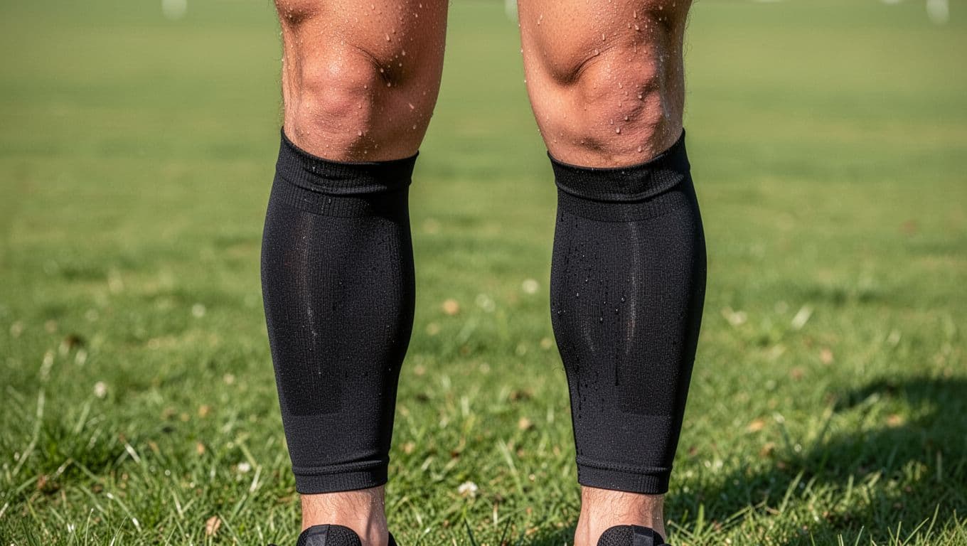 Close-up of a runner's lower legs wearing black compression calf sleeves during recovery, standing on grass after a run with sweat visible on skin under natural outdoor light.