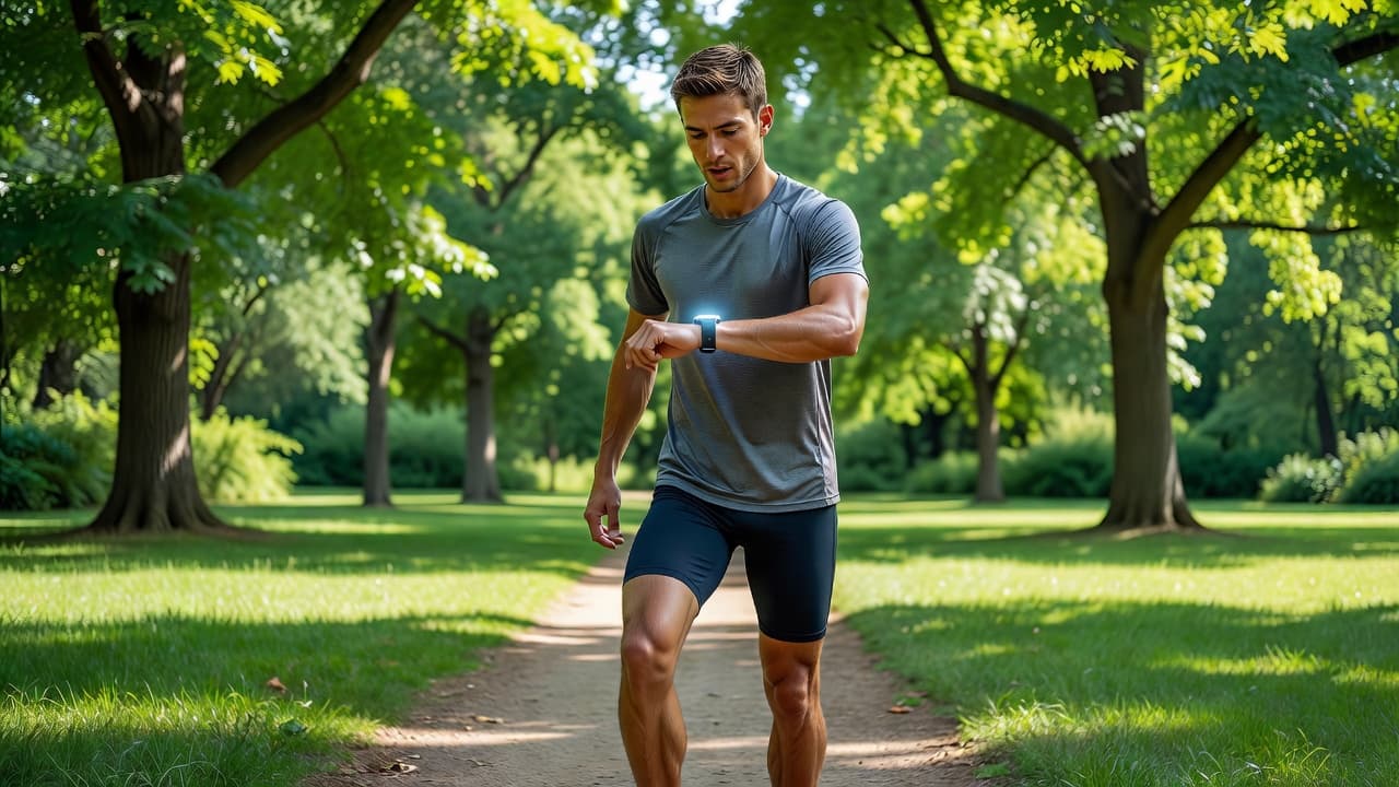 An athlete stands in a verdant park, pausing their workout to examine fitness statistics on a sleek smartwatch. Lush blurred greenery forms a soft, bright backdrop behind the focused individual.