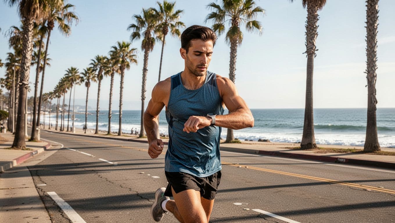 A solo runner mid-stride on a sunny Los Angeles coastal road, glancing at GPS watch to monitor pace, with palm trees and Pacific Ocean backdrop in mid-morning light.