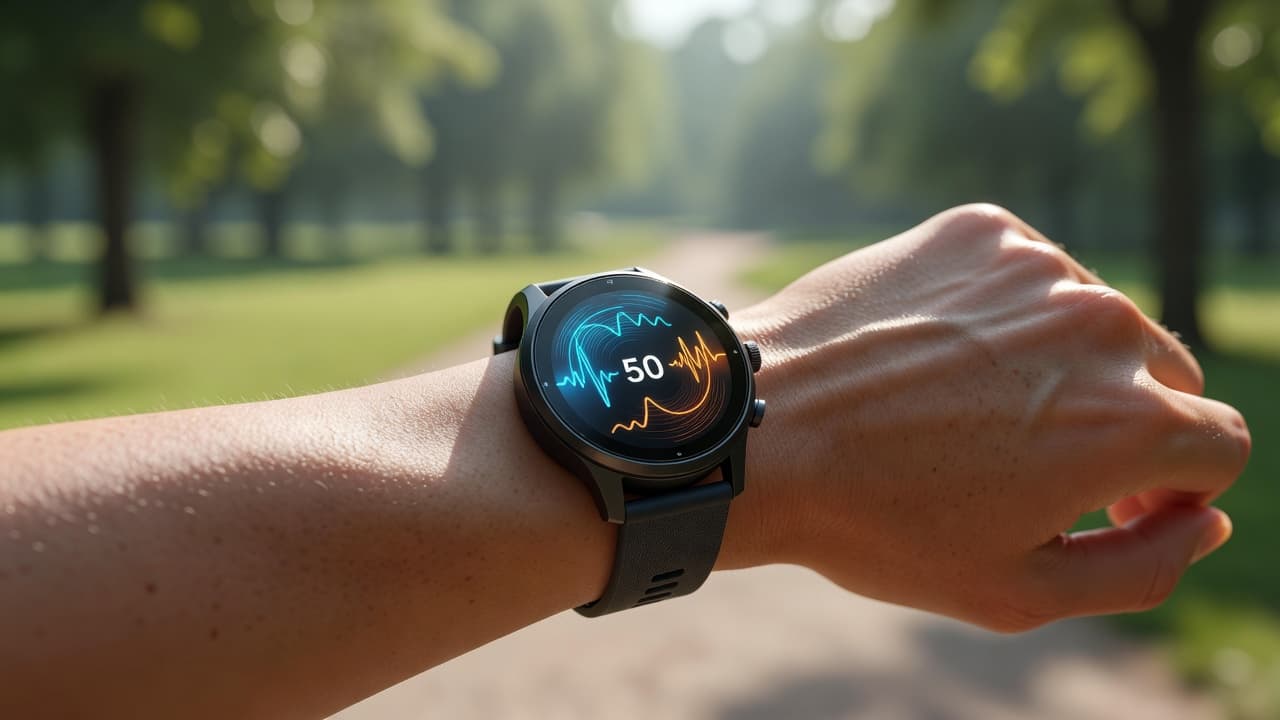 A close-up of a runner's wrist displaying colorful biometric data on a digital smartwatch face. The background features a soft-focus morning park setting illuminated by warm, natural early sunlight.