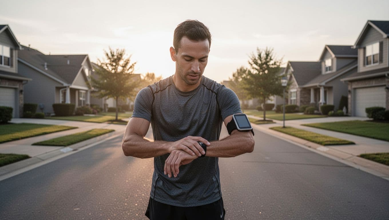 A focused runner stands on a quiet suburban street during a golden sunrise. The athlete checks a digital smartwatch on their wrist to analyze recovery data during an early morning run.