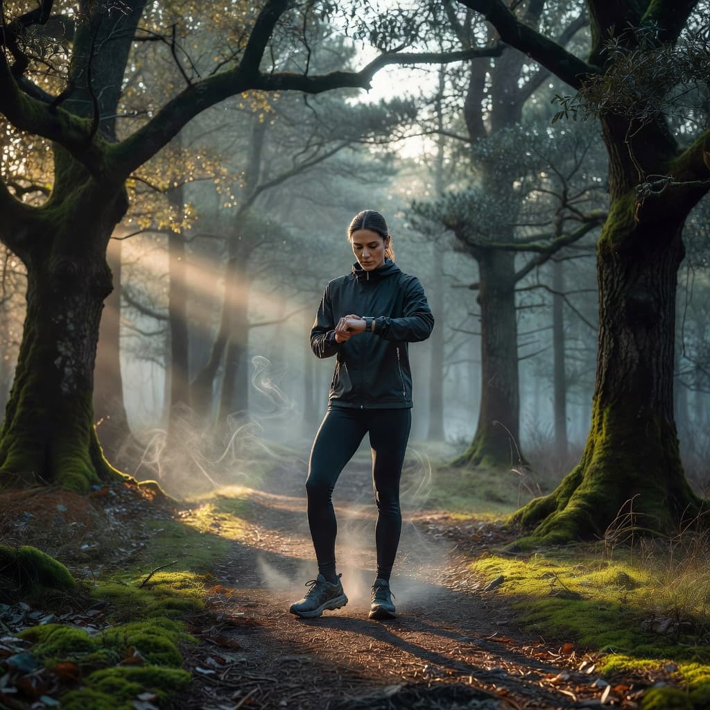 A focused athlete stands on a quiet dirt forest path at sunrise while glancing at their digital fitness watch. Soft golden light filters through tall trees, highlighting the tranquil woodland setting.