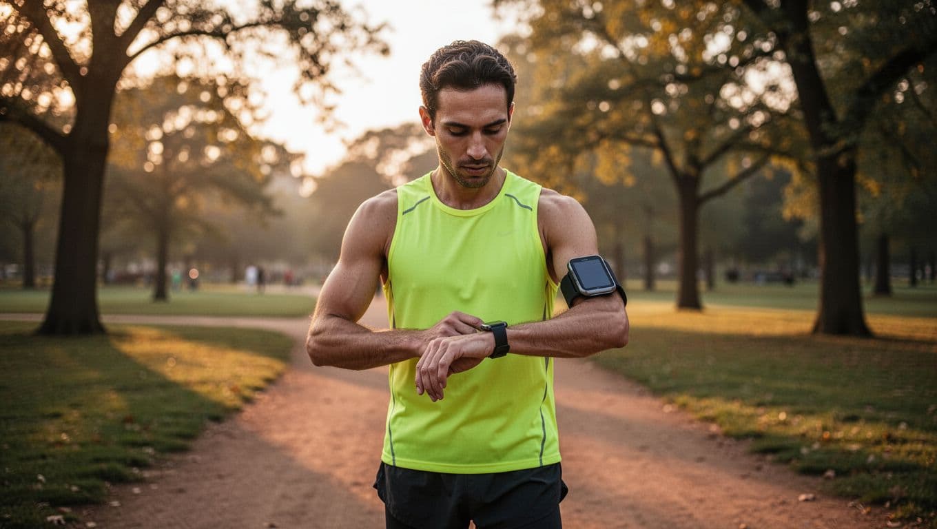 An athlete in athletic gear stands on a dusty trail during a soft sunrise. They gaze down at a smartwatch on their wrist, with the park greenery blurred gently in the background.