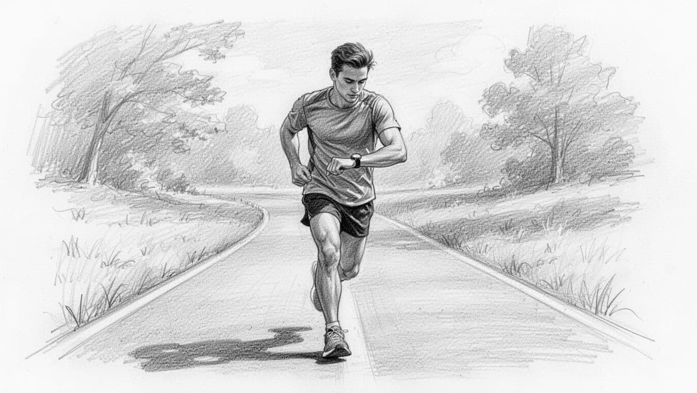 A runner checks a sports watch on a lightly shaded path.