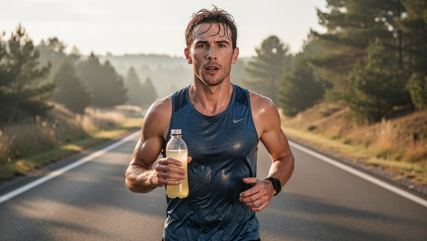 A sweaty runner pauses during a sunny marathon training run to check the pale yellow urine in a clear bottle, assessing hydration in natural morning light.