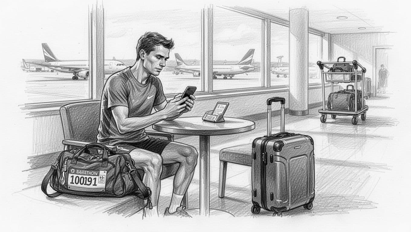 Runner checks a phone beside a marathon bag and suitcase in an airport hotel lobby.
