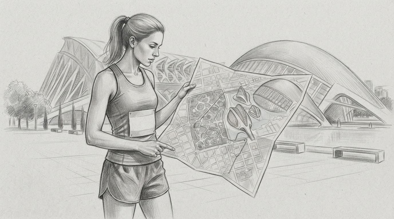A runner studies a city map beside a modern science museum.