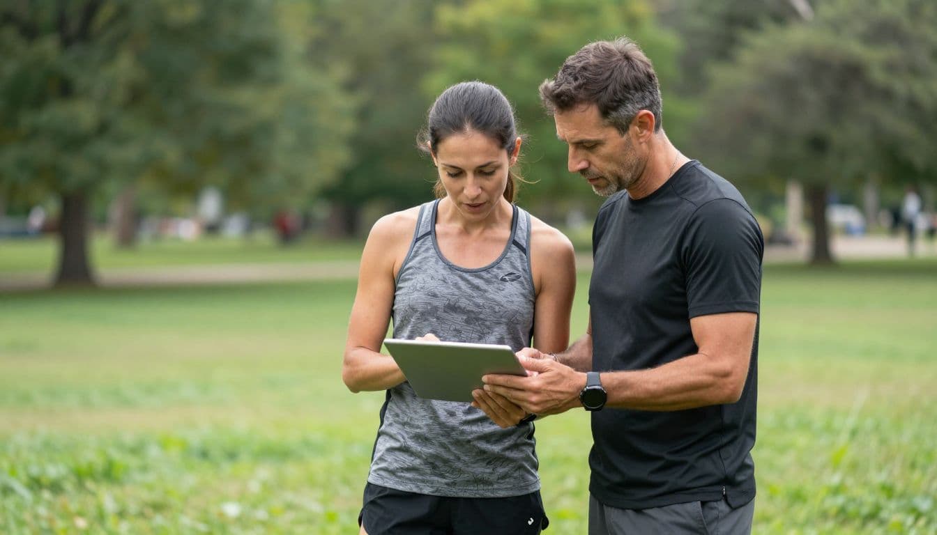 An experienced track coach and an athlete stand together in a sunny park. They are looking down at a digital tablet held between them to analyze performance metrics and training progress.