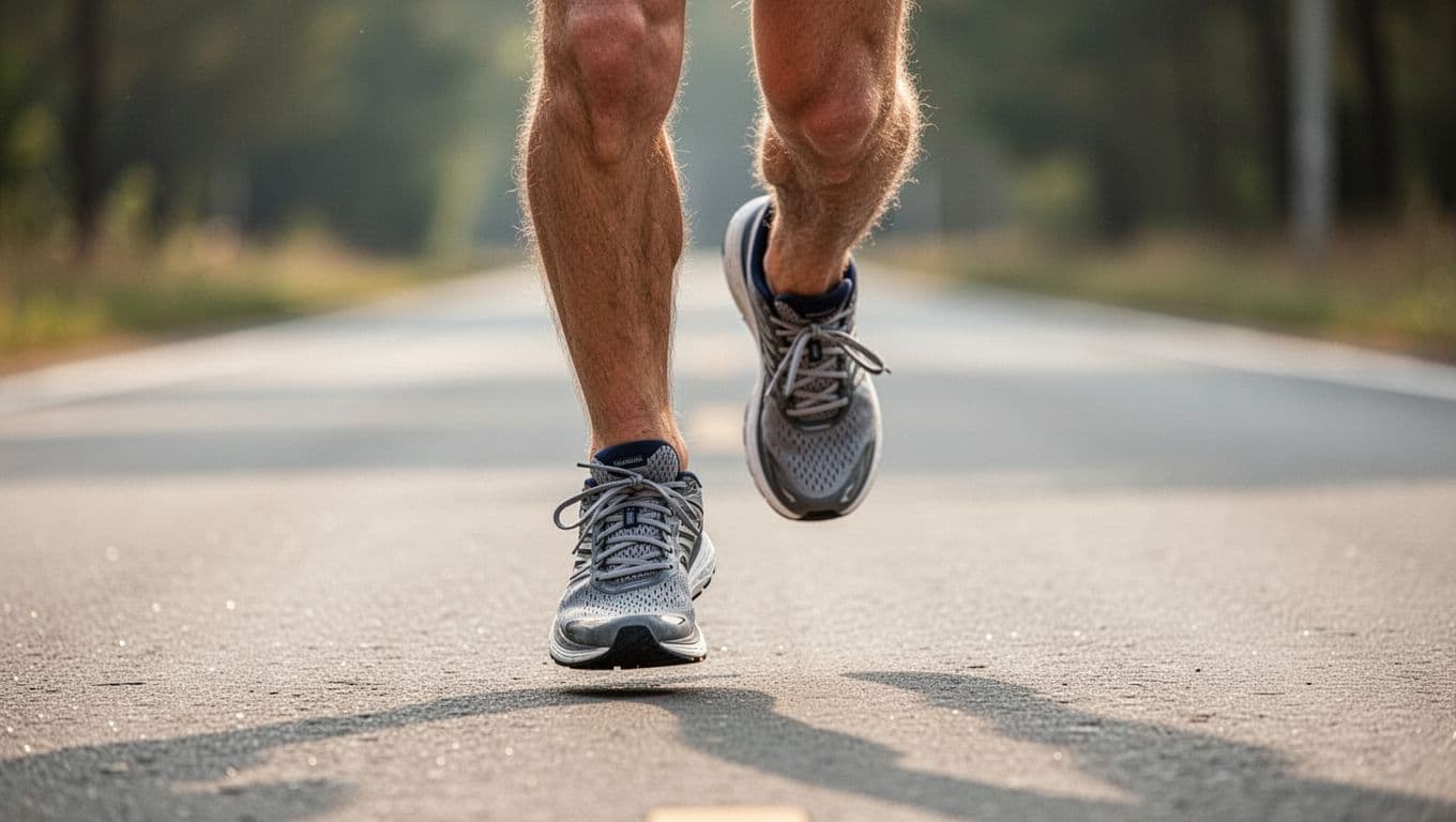 Close-up perspective of athlete legs mid-stride on an asphalt road during a race. The focus highlights high-performance athletic footwear in motion against the grey surface under soft, natural daylight conditions.