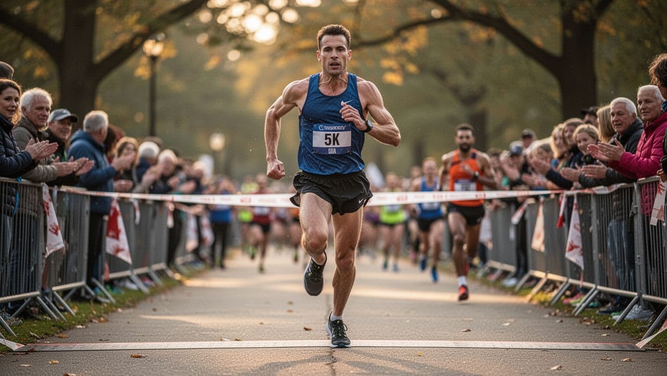 A determined runner powers through the final kick of a 5K race towards the finish line with a powerful stride and intense focus, set in an outdoor park during golden hour with a blurred crowd ahead.