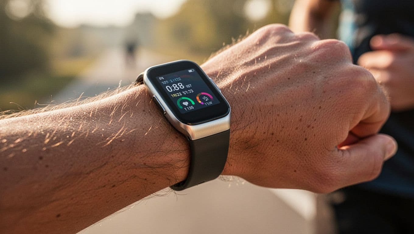 A close-up view of a runner's wrist wearing a sleek digital fitness device. Morning sunlight illuminates the band and the glowing screen, which displays complex biometric statistics for athletic recovery tracking.