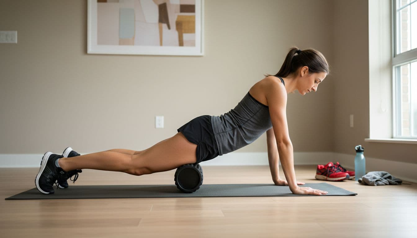 Fit runner lies sideways on foam roller under outer thigh, rolling from hip to knee indoors with shoes nearby.