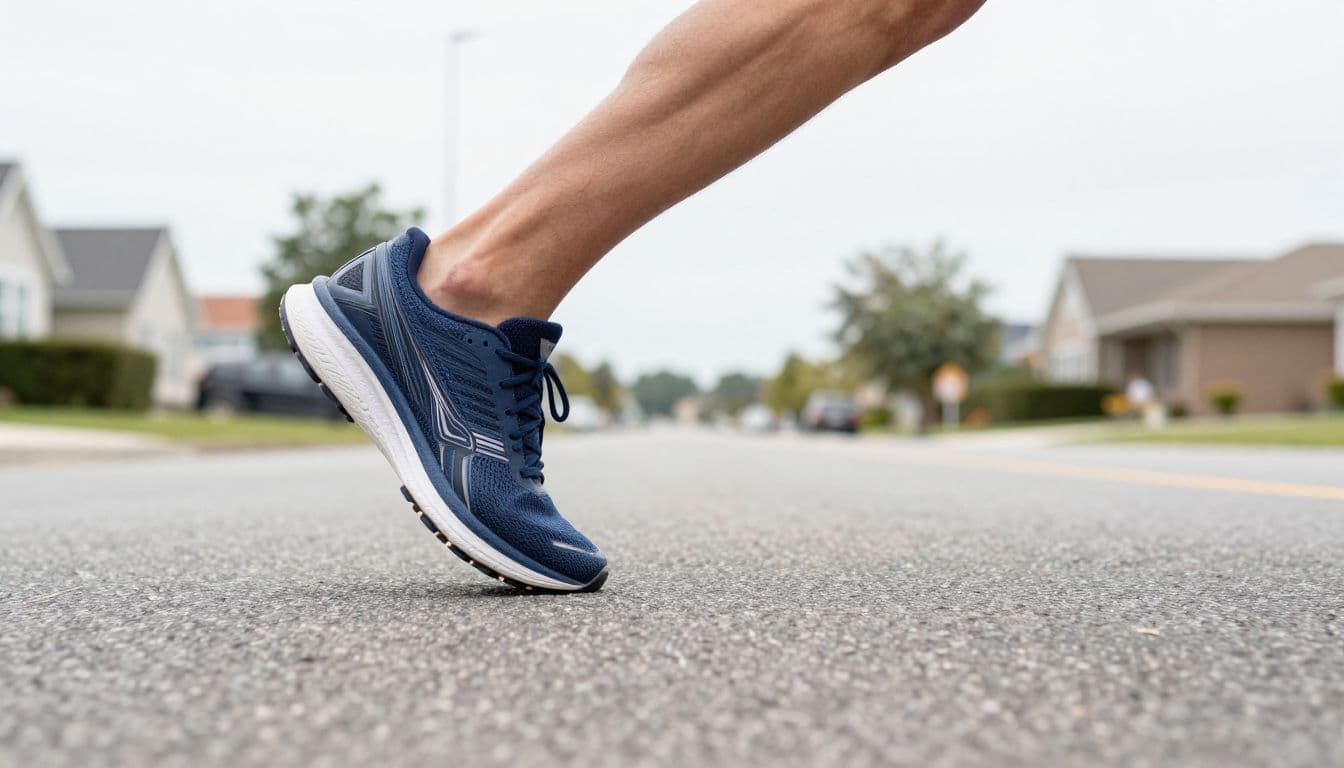 The side view captures a runner's shoe mid-stride, showing the rubber sole compressing against the grey asphalt. Soft overcast light illuminates the textured pavement and the sneaker's structural details clearly.