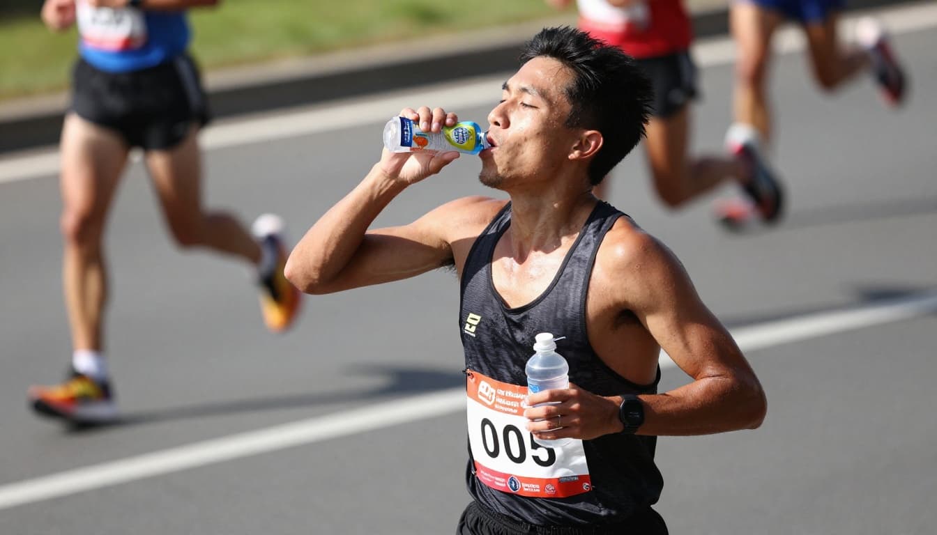Athletic runner mid-stride squeezes energy gel into mouth from packet in right hand while sipping water bottle in left on sunny road.