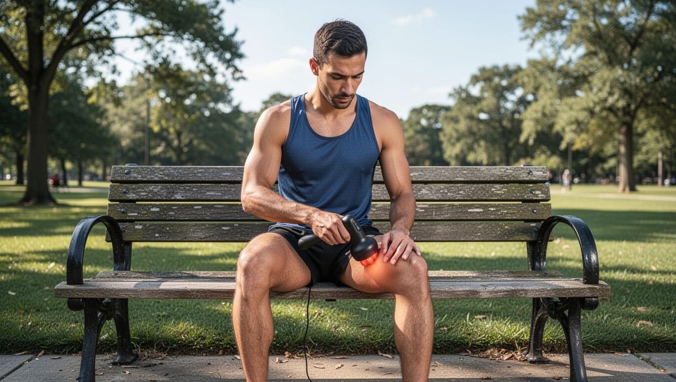 A runner in shorts and tank top sits on an outdoor park bench post-run, using a black handheld massage gun on their right hamstring muscle with legs extended and focused expression in natural daylight.