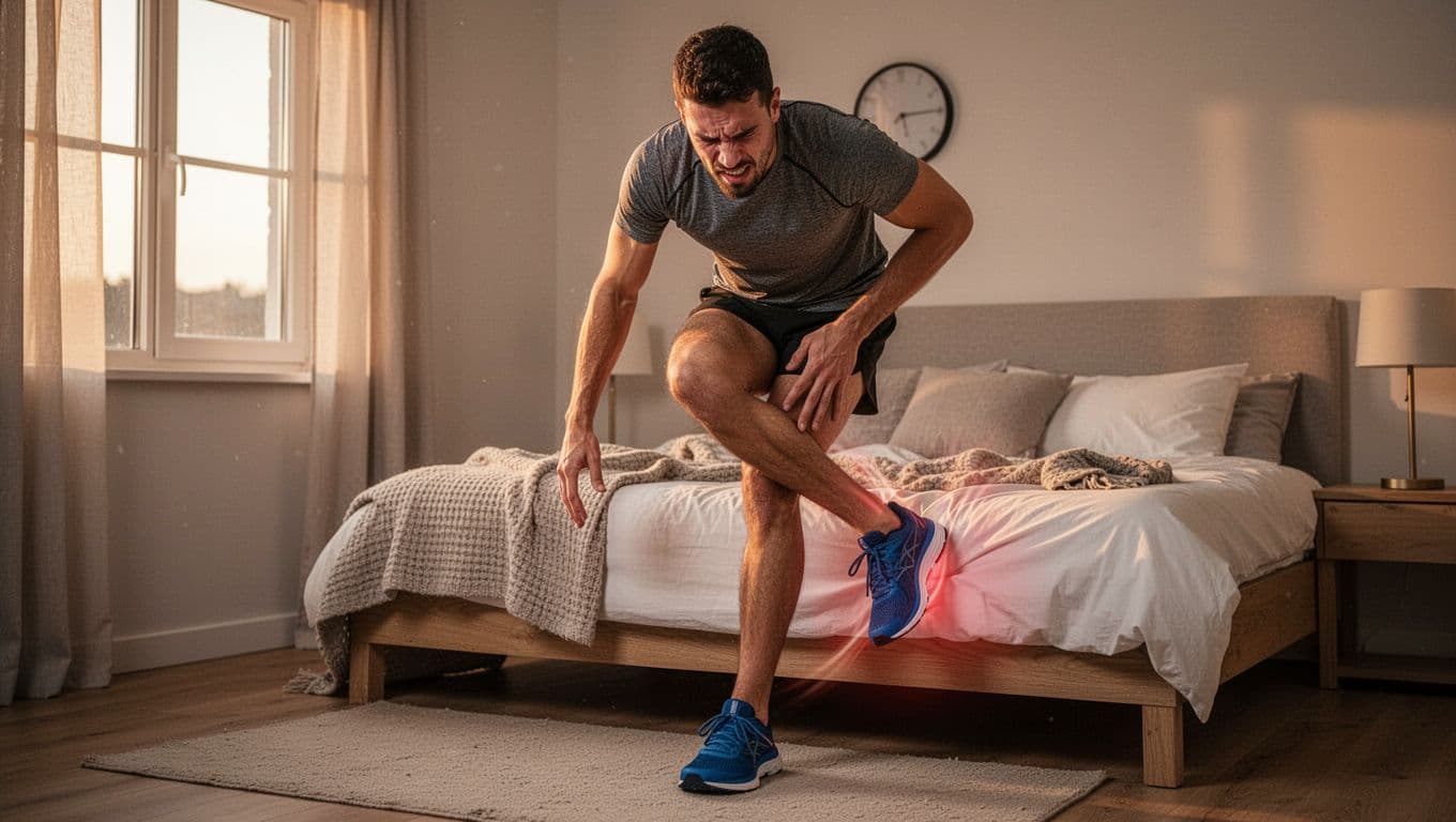 Runner in running shoes and athletic wear steps out of bed in a simple bedroom with morning light, wincing and holding heel due to sharp foot pain. Realistic photograph in cozy setting with natural dawn lighting.