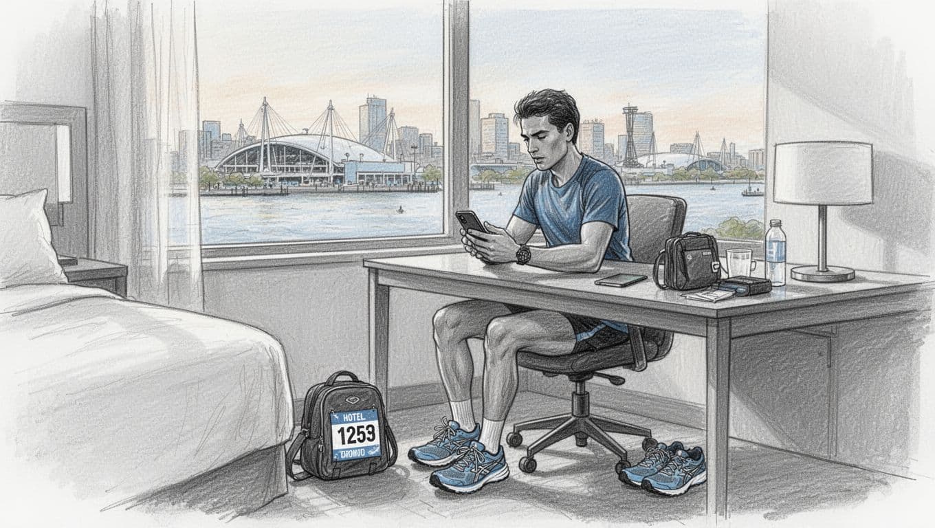 A runner checks a phone beside a race bag and shoes in a hotel room.