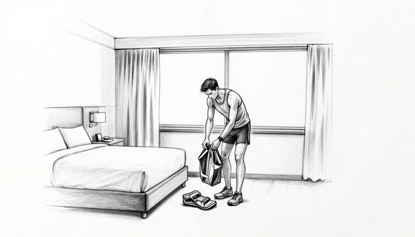 A runner organizes race gear on a hotel bed beside a window.