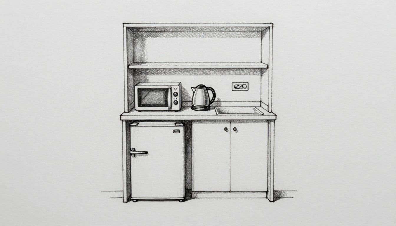 A runner examining a small hotel kitchenette with a refrigerator, microwave, and kettle.