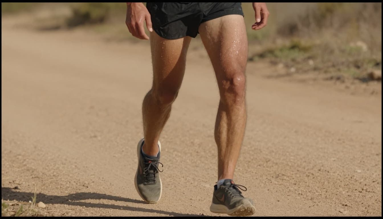 A lone runner on a dirt trail during a moderate run in warm weather displays early dehydration signs: intense thirst with open mouth and dry lips, sweat on forehead and arms, slight fatigue in posture.