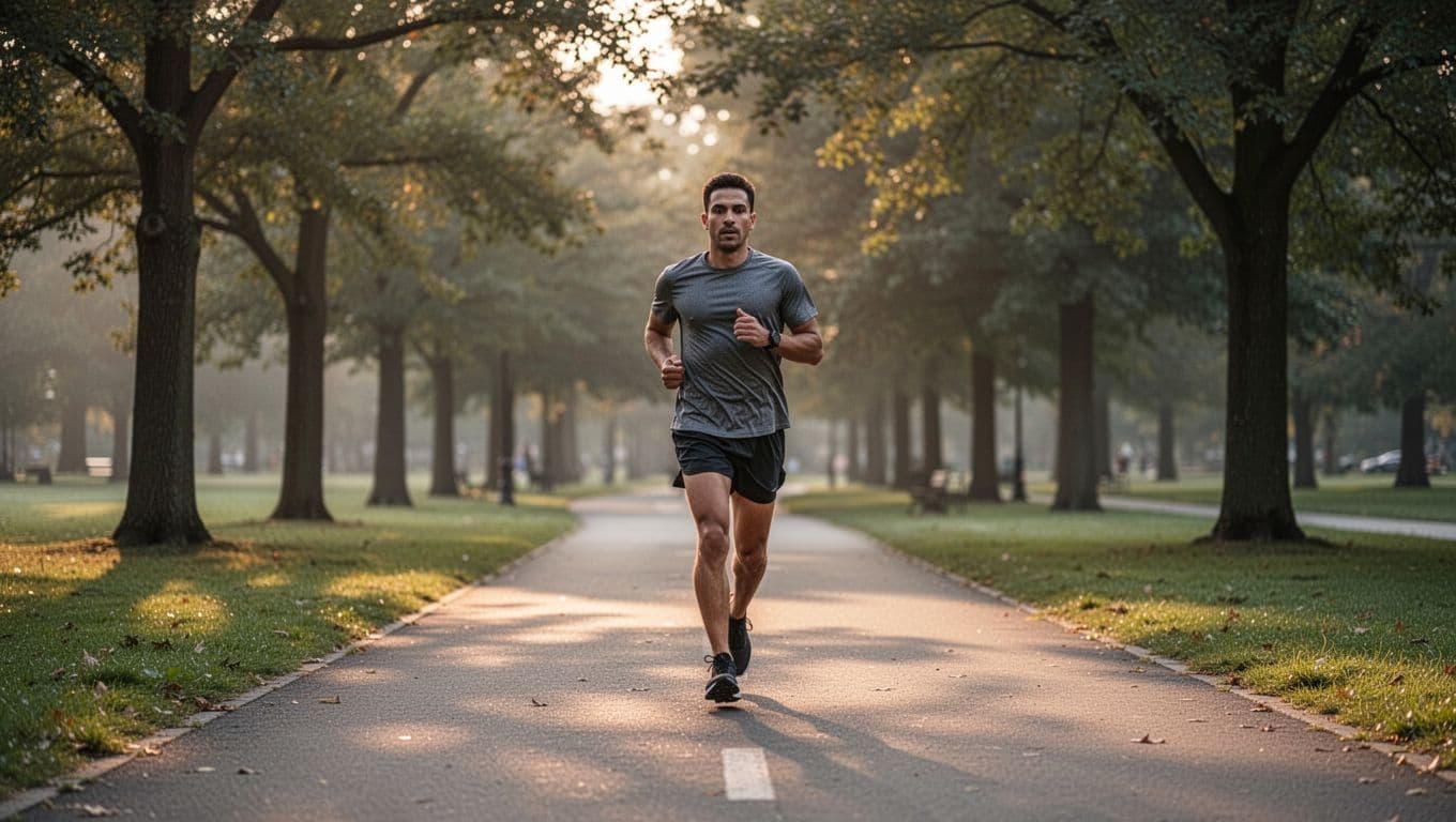 A focused athlete runs along a clean paved path through a serene park during the early dawn light. The runner wears minimalist athletic attire while maintaining a steady and controlled gait.