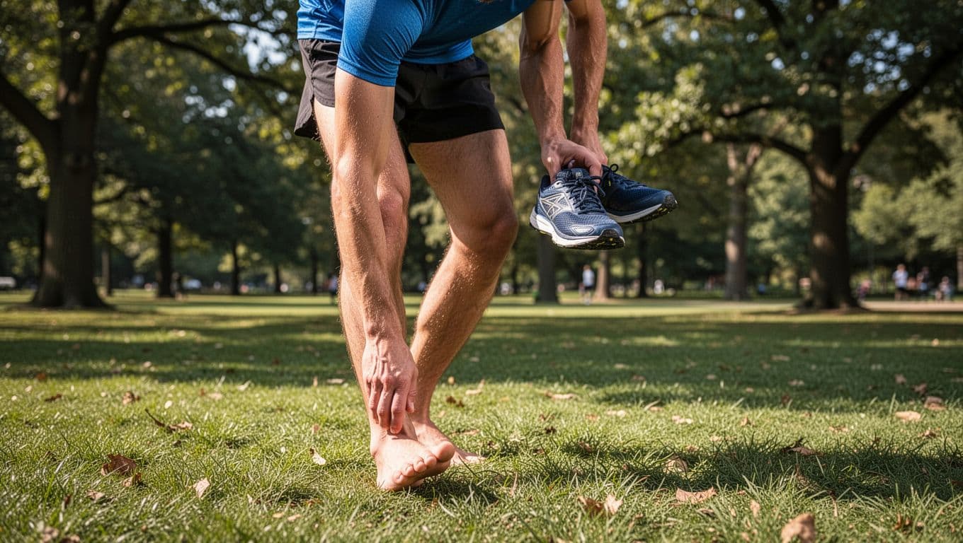 A runner in running gear stands on grass in a sunny park, gently massaging the bottom of their bare foot while holding a shoe in the other hand, in a relaxed pose.