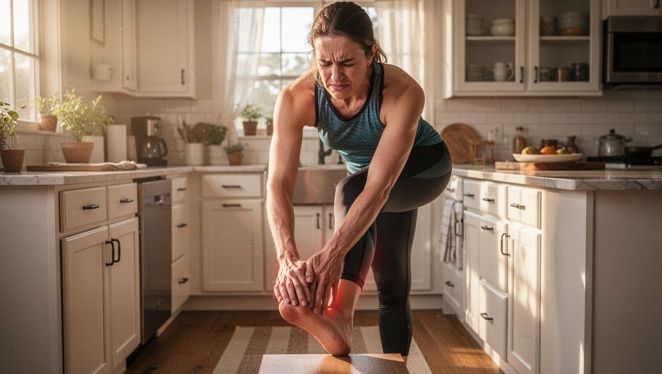 A runner in athletic wear stands in a cozy kitchen bathed in morning light, massaging the arch of their foot due to arthritis pain with a subtle wince. Realistic photo of one person only in a home setting.