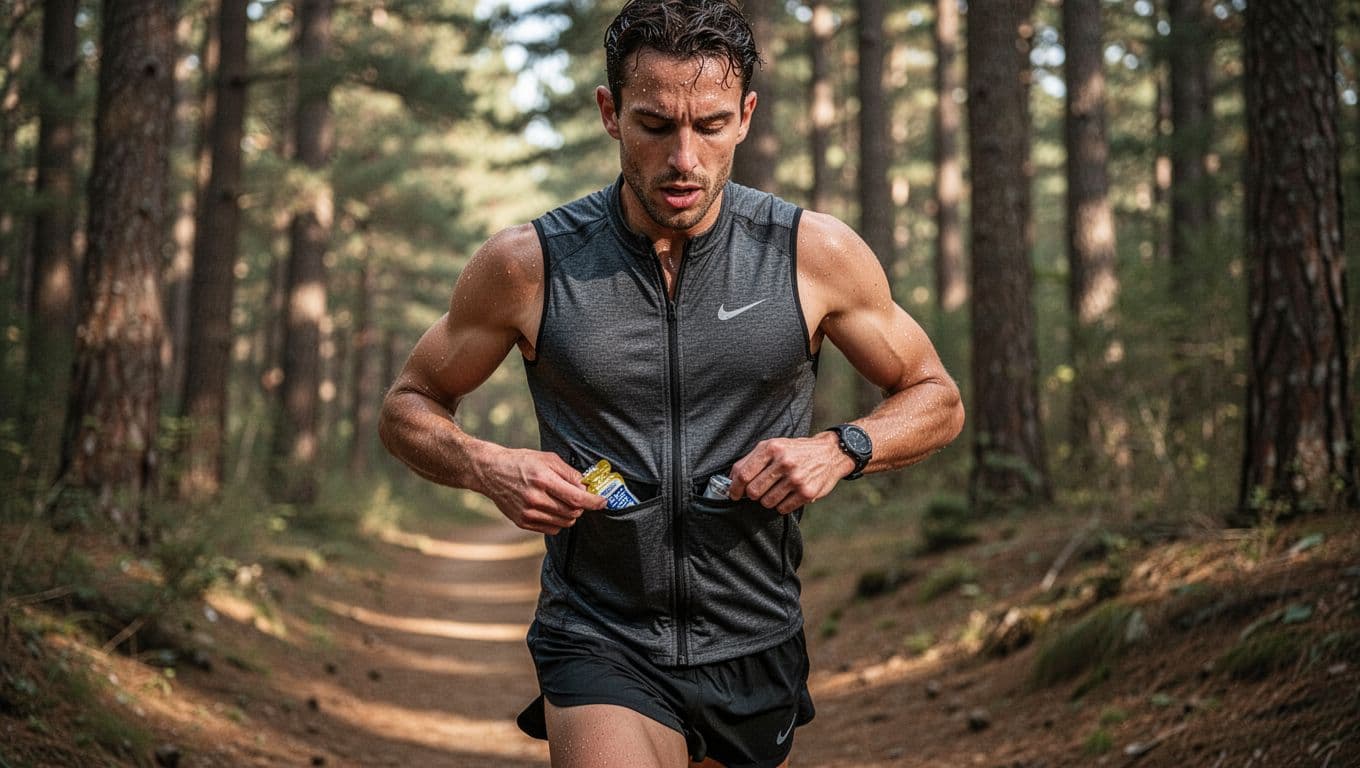 An athletic runner captured mid-stride on a trail seamlessly grabs an energy gel from a snug vest pocket without stopping, showcasing focused expression and sweat-glistened skin in natural daylight.