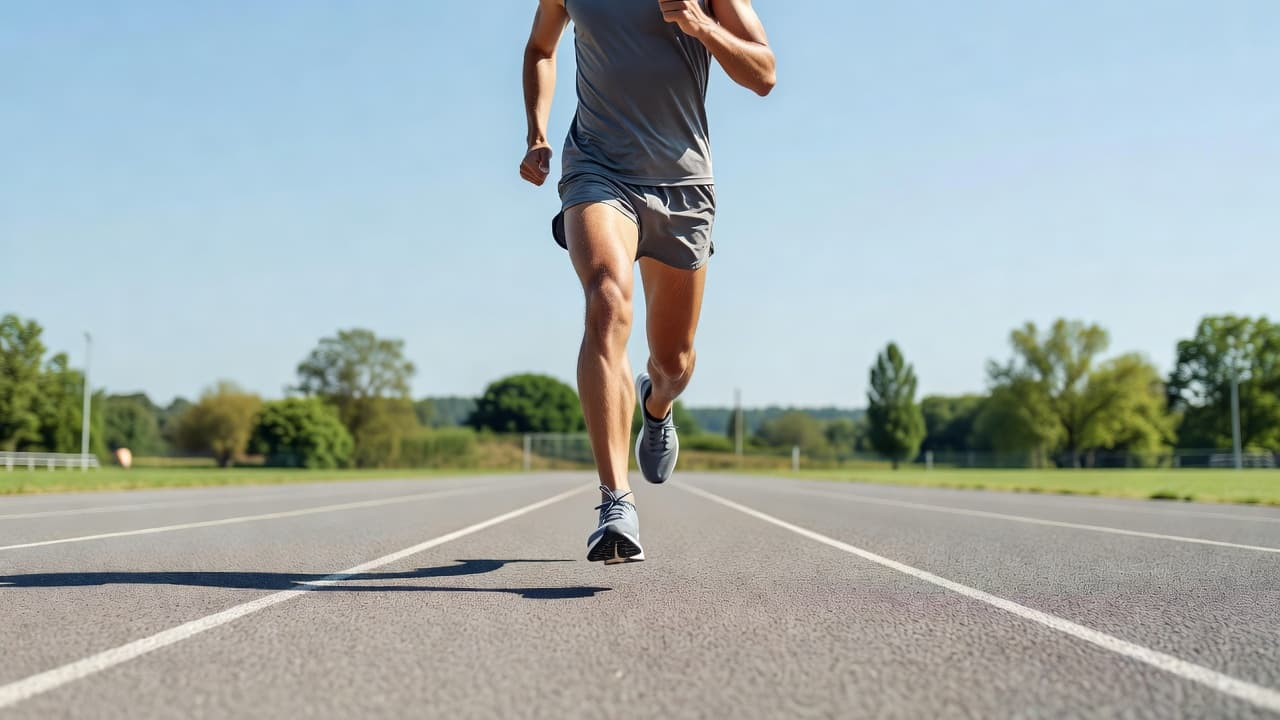 A focused runner in mid-stride sprints across a flat paved track surface. The low-angle perspective highlights the efficient turnover of the athletic shoes hitting the ground during a sunny training session.