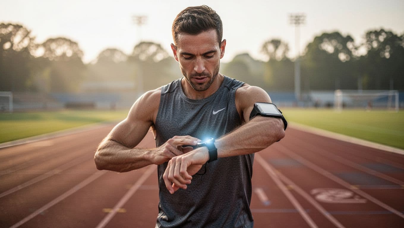An athlete stands on a running track during the early morning while reviewing data on a smartwatch. The blurred background emphasizes the runner as they analyze their daily recovery and performance metrics.