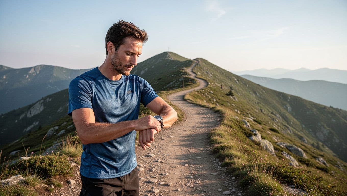 A focused runner stands on a dusty mountain trail while glancing at their wrist-mounted GPS device. In the distance, a winding path ascends toward the peak under a clear, bright sky.