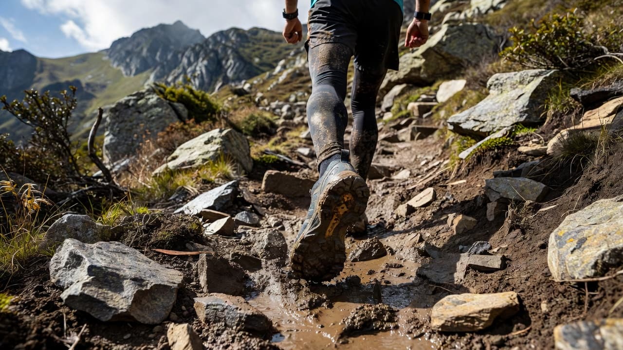 A close-up shot captures a lone runner's athletic shoes hitting a wet, muddy path covered in jagged rocks. The focus remains on the aggressive tread of the sneakers gripping the trail.