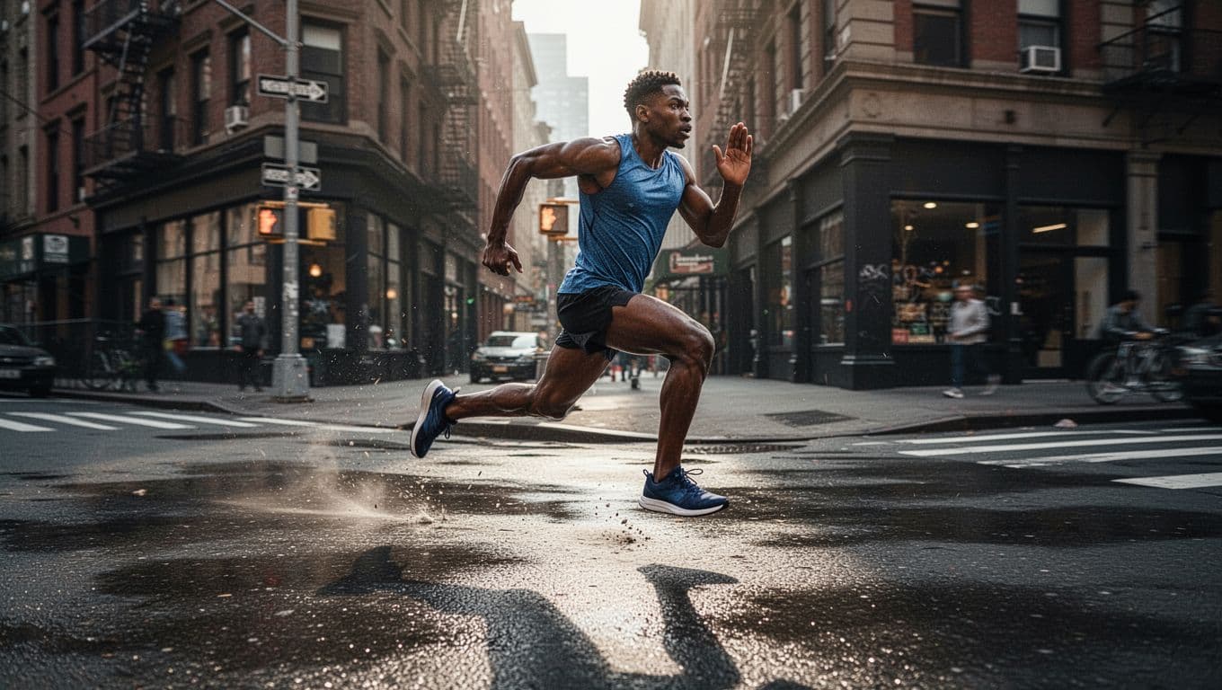 A focused runner leans sharply into a damp city corner, their athletic shoe gripping the slick dark asphalt. The blurred urban background emphasizes speed, while morning light illuminates the athlete's intense posture.