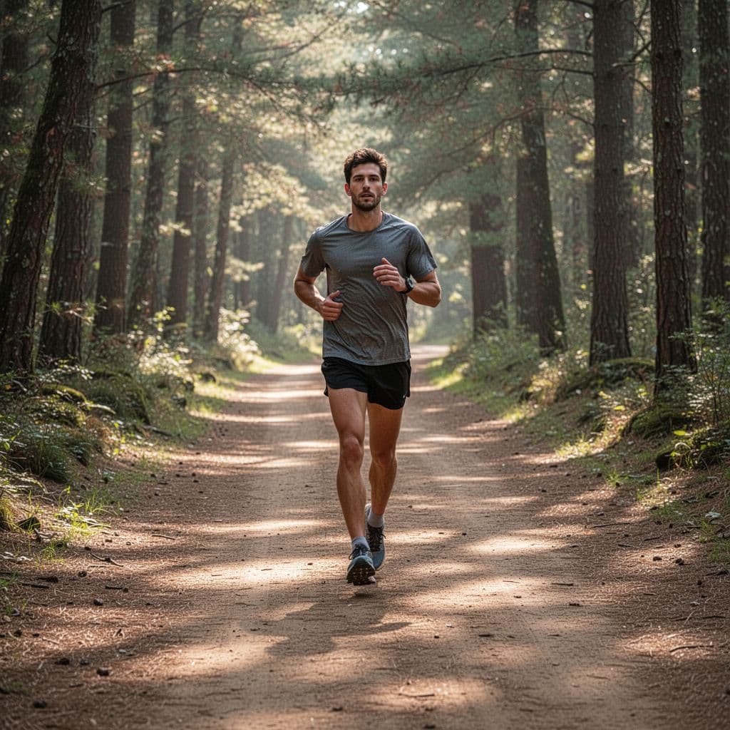 A runner in cushioned shoes jogs along a flat and open forest dirt path.