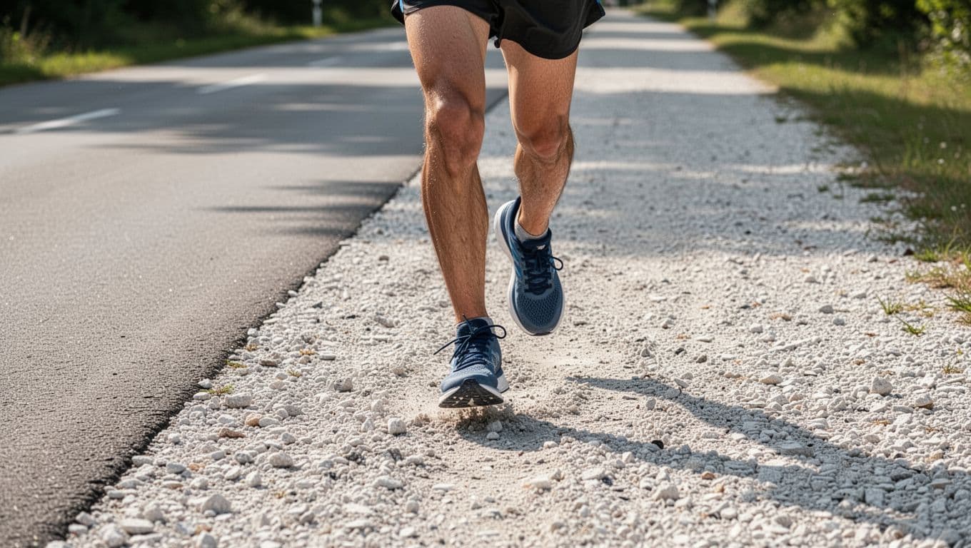 Close-up of athletic footwear moving from smooth asphalt onto a loose gravel path. The transition highlights the grip and stability needed for runners navigating changing outdoor running surfaces during daylight.